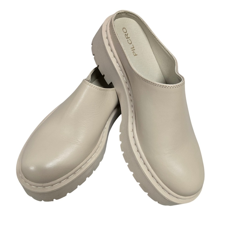 Pilcro Anthropologie Leather Platform Mules Lug Sole Slip On Clogs Beige Size 41